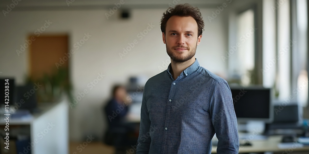 Portrait of a male content writer standing confidently in an office, working on an article
