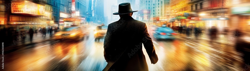 Urban Speed Man in Hat Walking City Street Urban Speed Man in Hat Walking City Street