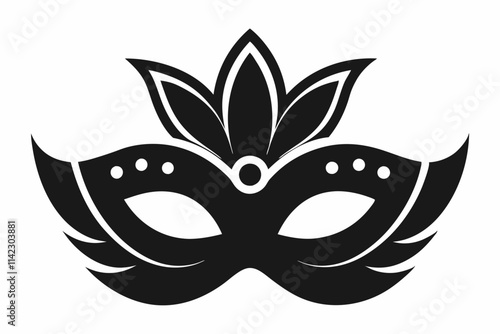 Carnival mask icon black silhouette isolated on white background. Mask with feathers pictogram. Vector illustration