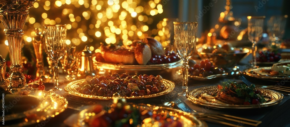 A lavish 3D buffet table laid with gold-rimmed plates, sparkling glassware, and a feast of gourmet dishes A lavish 3D buffet table laid with gold-rimmed plates, sparkling glassware, and a feast of gourmet dishes