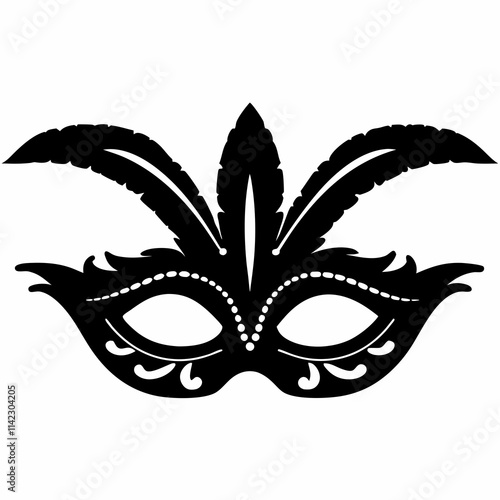 Carnival mask icon black silhouette isolated on white background. Mask with feathers pictogram. Vector illustration