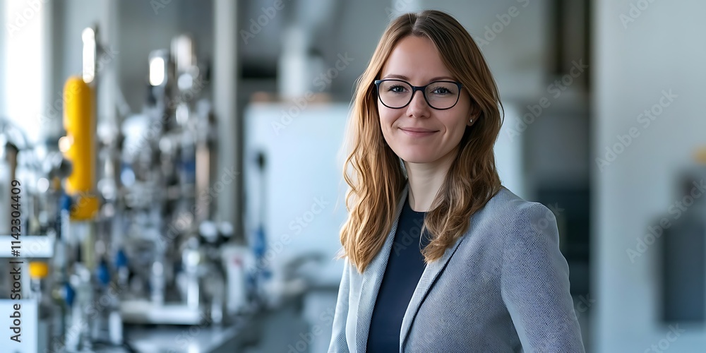Geophysicist standing confidently in a lab environment with a smile, portrait shot