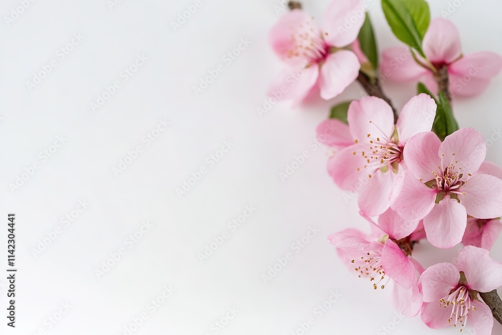 Soft pink cherry blossoms on white background with space Soft pink cherry blossoms on white background with space