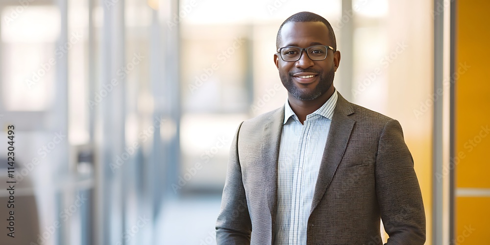 Male HR consultant standing confidently in an office, ready to offer HR solutions, smiling, portrait shot