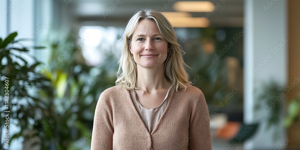 Environmental consultant standing confidently in a corporate office with smiling portrait shot