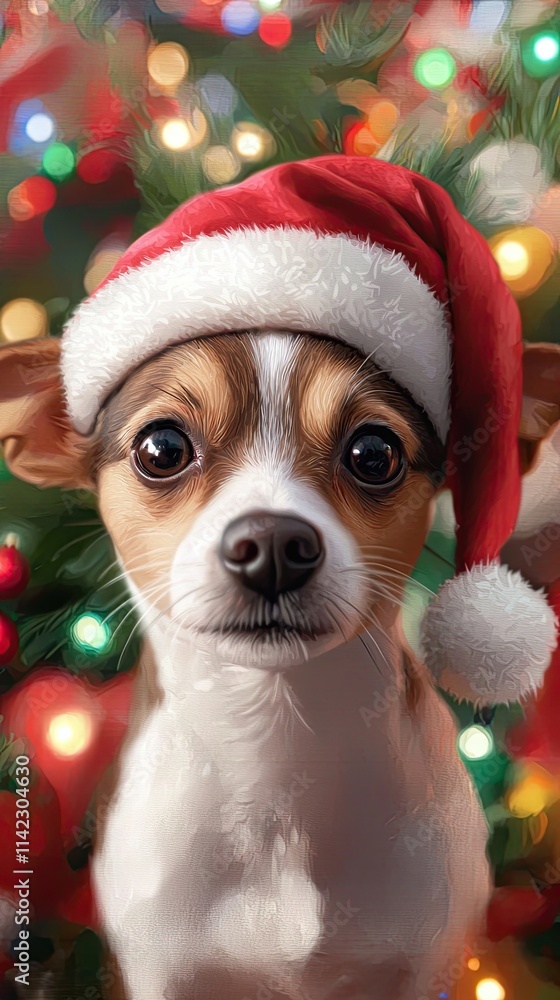 A cute dog wearing a Santa hat in front of a colorful Christmas tree, spreading holiday cheer and joy. A cute dog wearing a Santa hat in front of a colorful Christmas tree, spreading holiday cheer and joy.