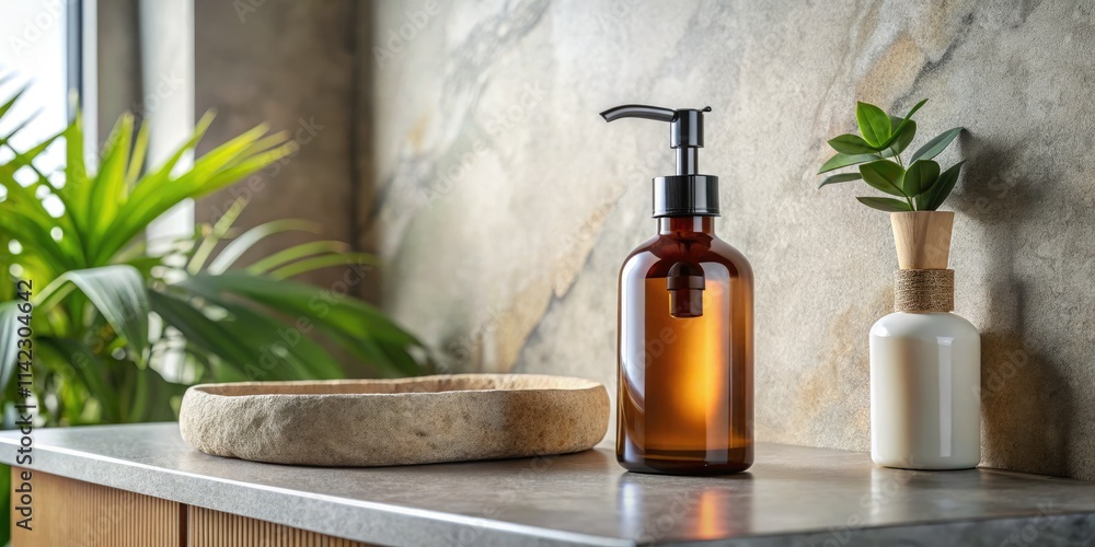 Sleek bathroom mockup featuring a natural stone sink and minimalist pump bottle with elegant label. Sleek bathroom mockup featuring a natural stone sink and minimalist pump bottle with elegant label.