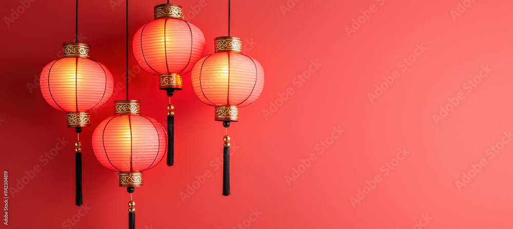 Red lanterns glowing against vibrant red background Red lanterns glowing against vibrant red background