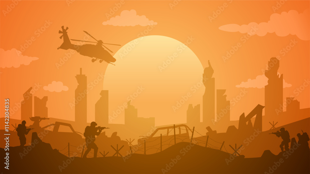Landscape illustration of destroyed city in war with military conflict Landscape illustration of destroyed city in war with military conflict