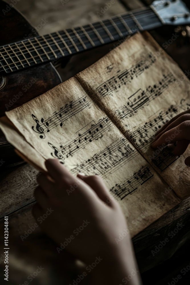 Naklejka premium Aged sheet music, hands, acoustic guitar, wooden surface.
