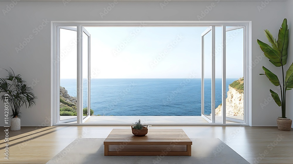 Naklejka premium A contemporary cliffside living room with minimalist decoration a wooden coffee table and a serene ocean view framed by open sliding glass doors.