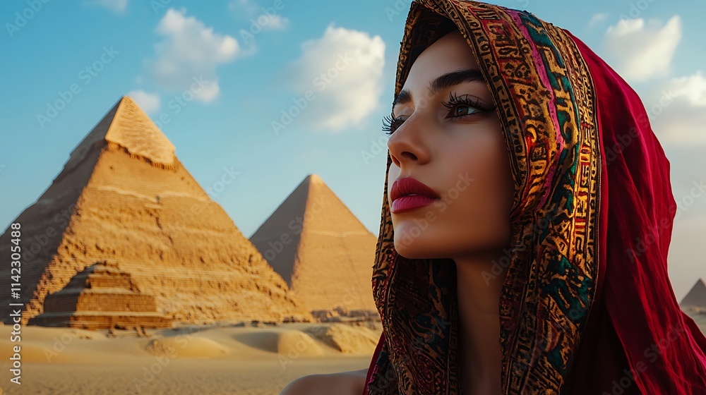 Egyptian female model wearing traditional attire, standing in front of the pyramids in Giza