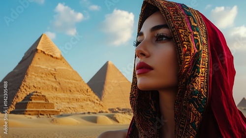 Obraz na płótnie Egyptian female model wearing traditional attire, standing in front of the pyramids in Giza w salonie