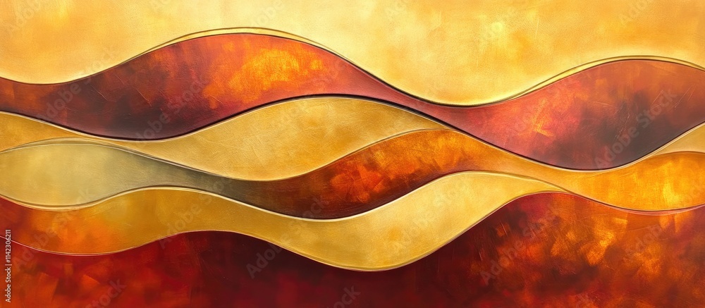 A luxurious abstract wave design with warm gradient colors shifting from golden yellow to deep orange and crimson. A luxurious abstract wave design with warm gradient colors shifting from golden yellow to deep orange and crimson.