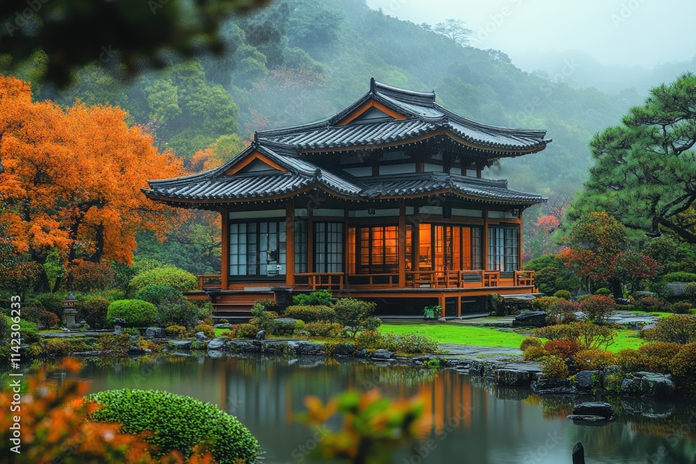 Serene Autumn Pavilion: A Misty Mountaintop Sanctuary Serene Autumn Pavilion: A Misty Mountaintop Sanctuary