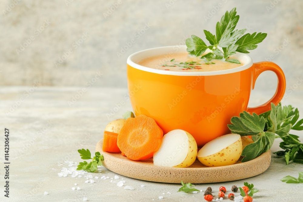 Rich de Porc pork stew served in a vibrant orange bowl with fresh vegetables and herbs on a light background. Generative AI Rich de Porc pork stew served in a vibrant orange bowl with fresh vegetables and herbs on a light background. Generative AI