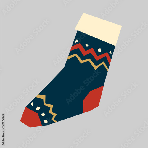 Stocking of dark blue color with ornament in flat style. Christmas sock cut out of paper. Minimalistic geometric shape sock. Vector illustration isolated on white. photo