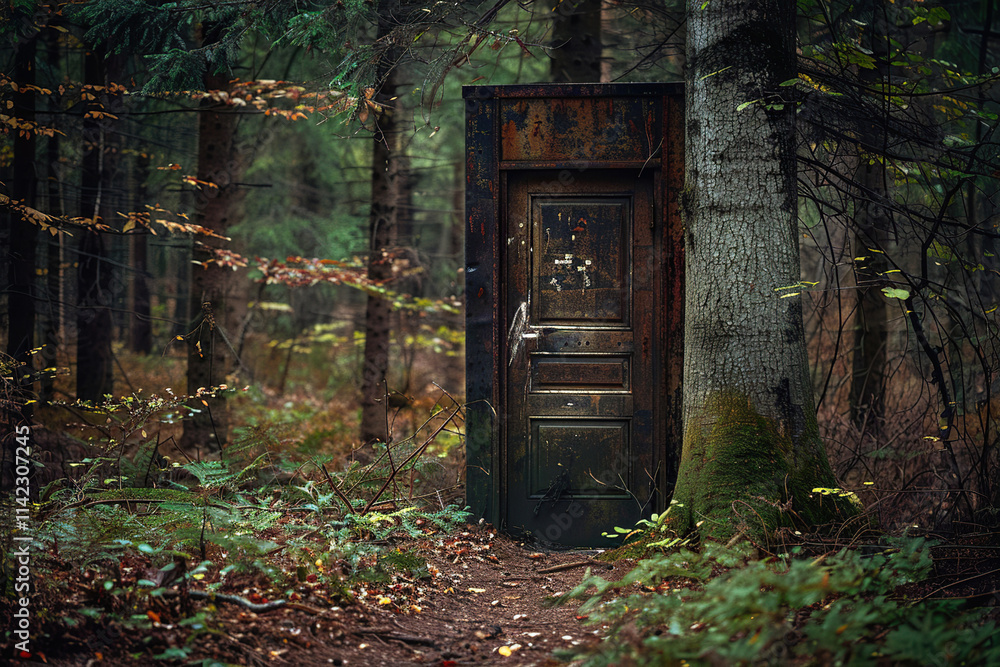 Fantastically door in wild forest leading to deep unknown Fantastically door in wild forest leading to deep unknown