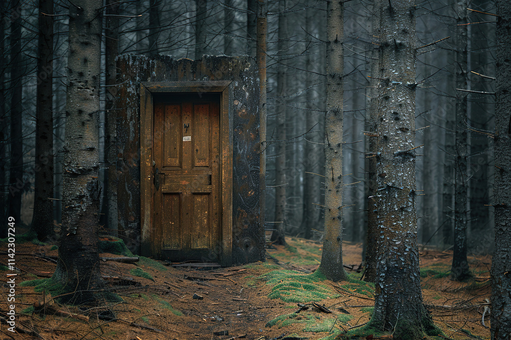 Fantastically door in wild forest leading to deep unknown Fantastically door in wild forest leading to deep unknown