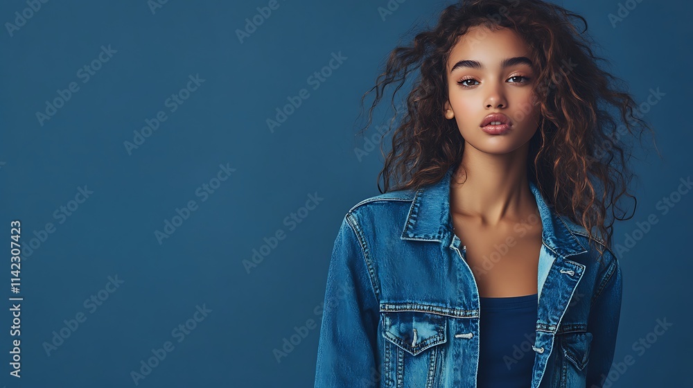 Female model in a casual denim jacket and top, standing with relaxed confidence