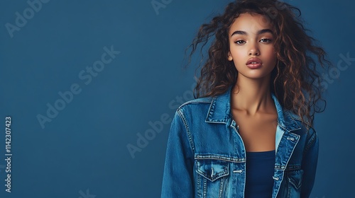 Obraz na płótnie Female model in a casual denim jacket and top, standing with relaxed confidence w salonie