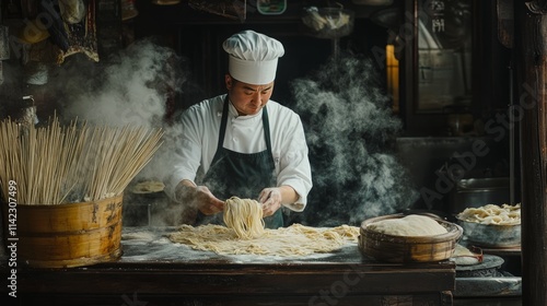 Chef preparing traditional noodles in bustling kitchen street food scene culinary art close-up view authentic experience photo