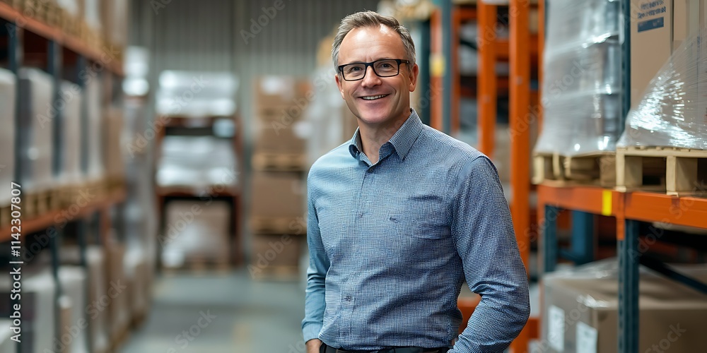Portrait of male operations director in warehouse, overseeing logistics, smiling, portrait shot