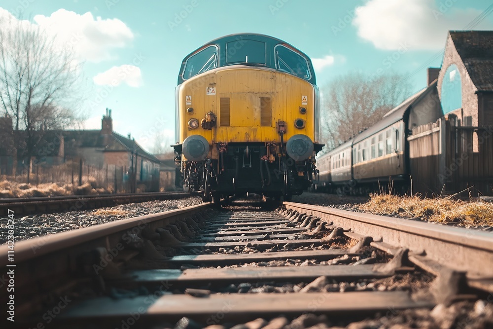 Fototapeta premium A close-up photograph of the front end of a train and some railroad tracks in an English country town