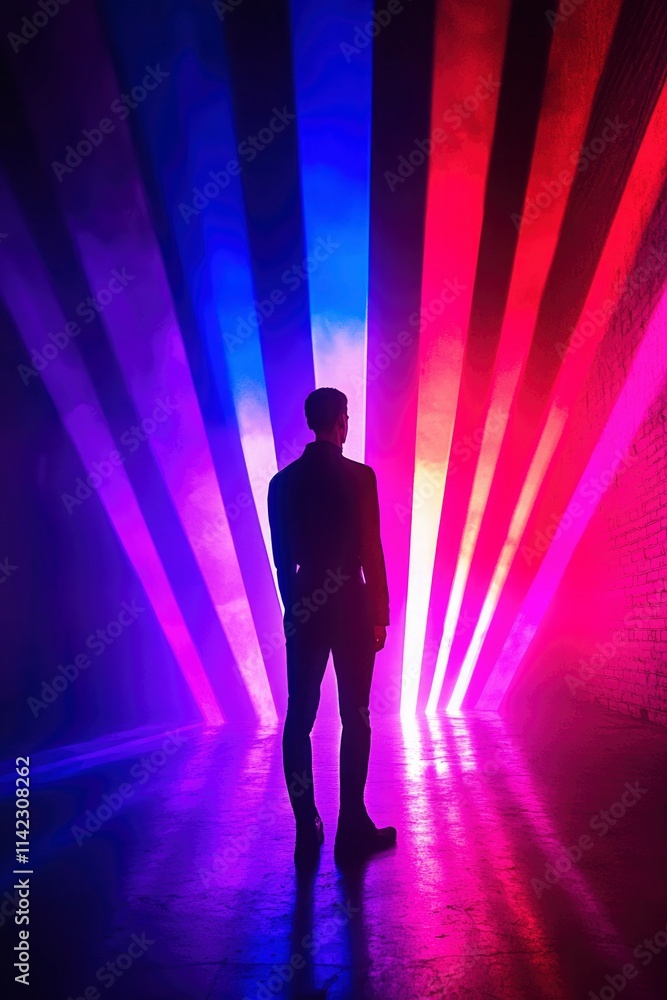 Silhouette Person Standing In Neon Light Beams Silhouette Person Standing In Neon Light Beams
