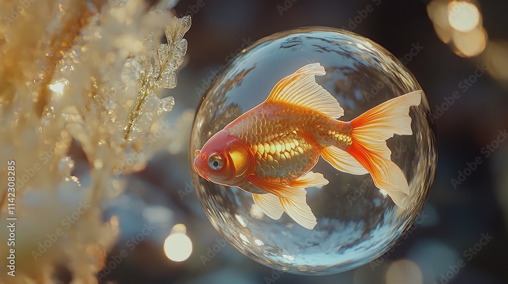 Image showcasing Goldfish in a Bubble: A single goldfish swims gracefully inside a ...