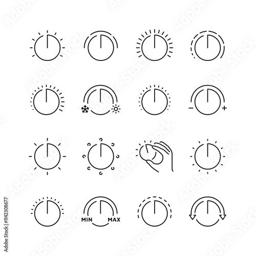 Vector line set of icons related with adjustment knob. Contains monochrome icons like setting, balance, tweak, setup and more. Simple outline sign.