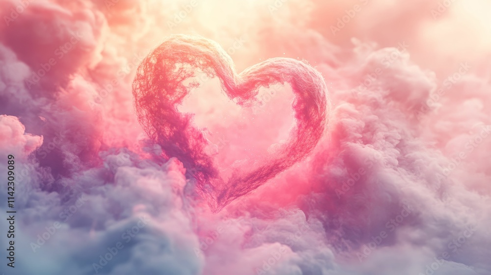 Pink clouds form heart shape; ethereal, dreamy. Pink clouds form heart shape; ethereal, dreamy.