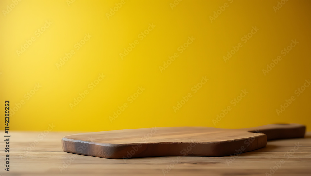 A worn chopping board sits atop a wooden table amidst a blurry, vibrant yellow kitchen background surface._00001_ A worn chopping board sits atop a wooden table amidst a blurry, vibrant yellow kitchen background surface._00001_