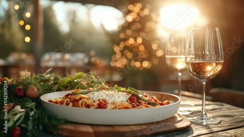 Celebrate the season with an outdoor pasta dinner set amidst festive lights, featuring a delectable dish complemented by two glasses of crisp white wine. photo