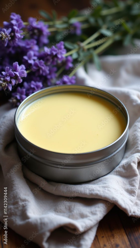 A small jar of yellow-green liquid, possibly a sauce or puree, with some herbs and lavender flowers around it. A small jar of yellow-green liquid, possibly a sauce or puree, with some herbs and lavender flowers around it.