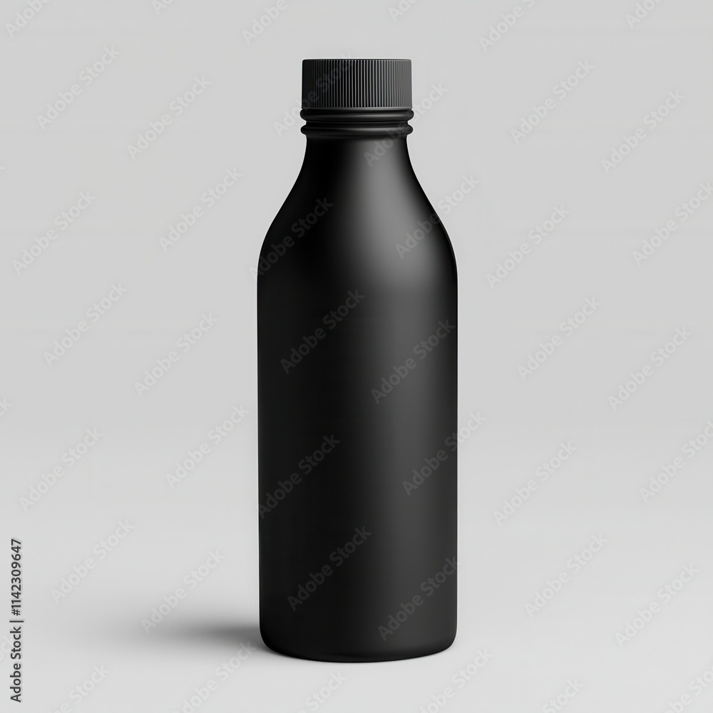 Minimalist concept for mock-up of food packaging bottle. Black bottle with a cap on a neutral background Minimalist concept for mock-up of food packaging bottle. Black bottle with a cap on a neutral background