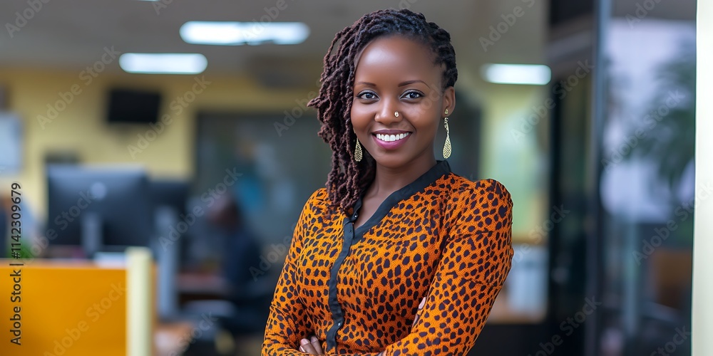 Kenyan female social media manager standing proudly in a digital marketing agency