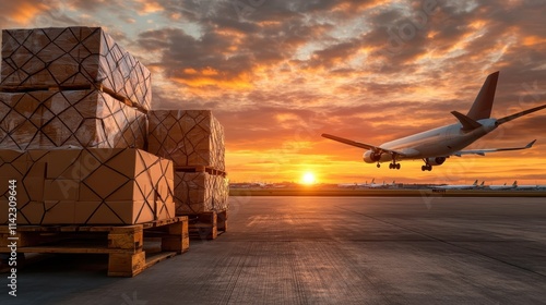 An airplane approaches for landing as numerous large boxes sit on wooden pallets in the foreground, illustrating the intersection of commerce and global trade at sunset. photo