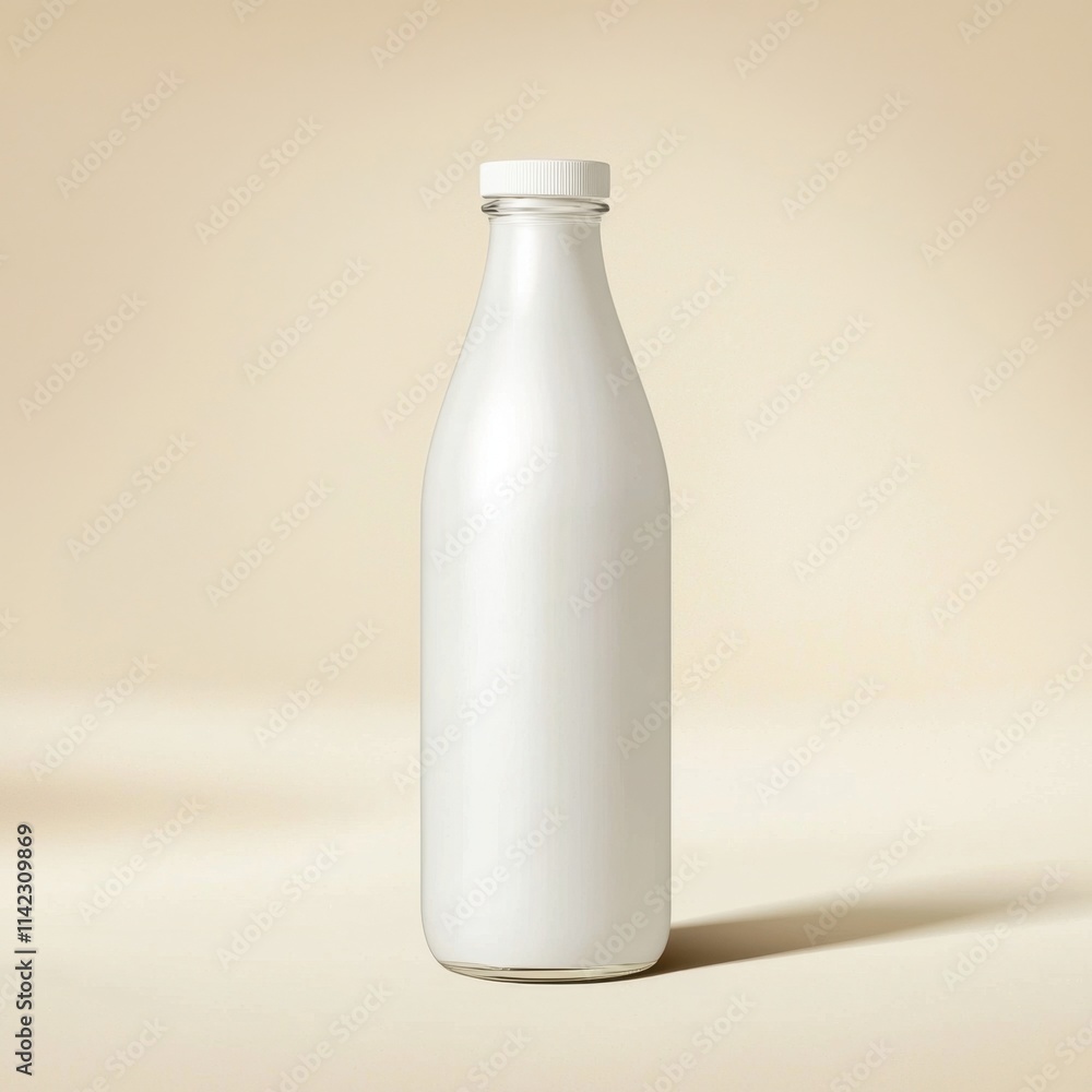 Minimalist concept for mock-up of food packaging bottle. Milk bottle on a soft beige background Minimalist concept for mock-up of food packaging bottle. Milk bottle on a soft beige background