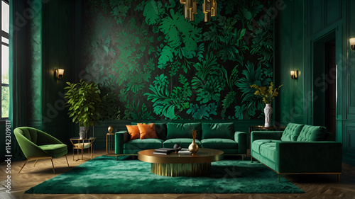 A Luxury modern living room interior design with a green pattern wall background.