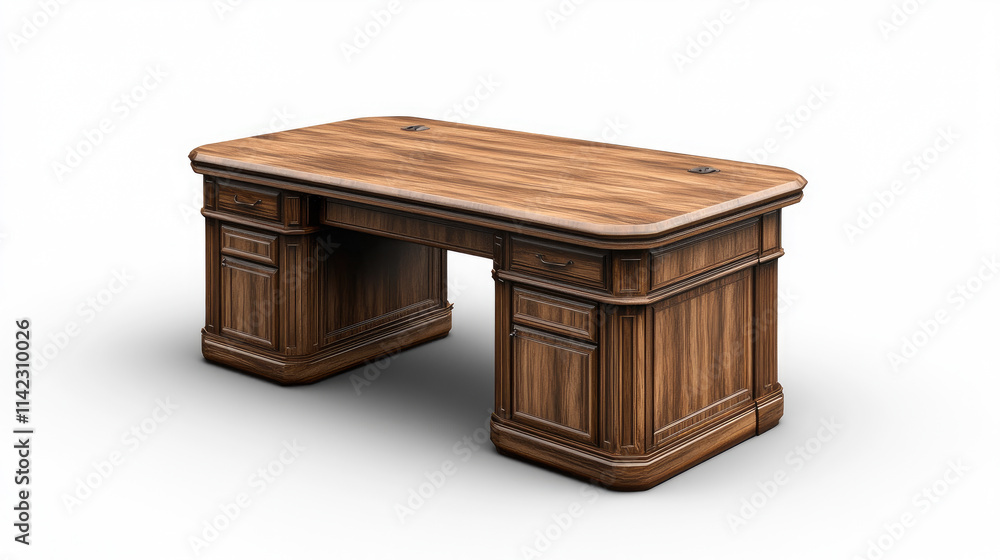 Light oak desk with handles on drawers and a simple design Light oak desk with handles on drawers and a simple design