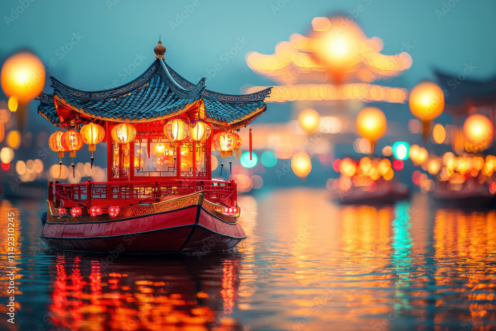 Obraz premium vibrant red and gold dragon boat illuminated on serene waterway