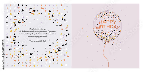 Happy Birthday gift and wish card. Confetti inside a transparent balloon with a 'Happy Birthday' balloon in the center.