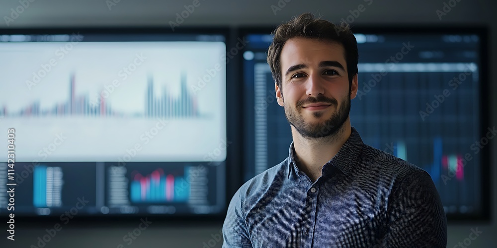 Portrait of a male business analyst standing in an office with charts and data