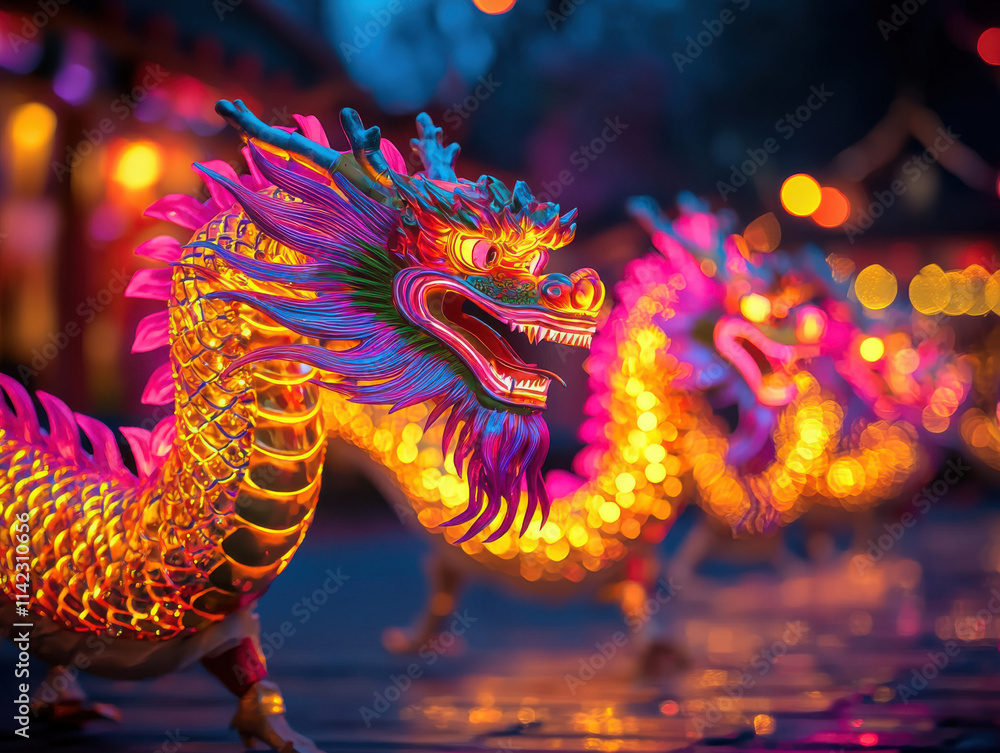 Obraz premium Vibrant dragon dance figures glowing in colorful patterns at night