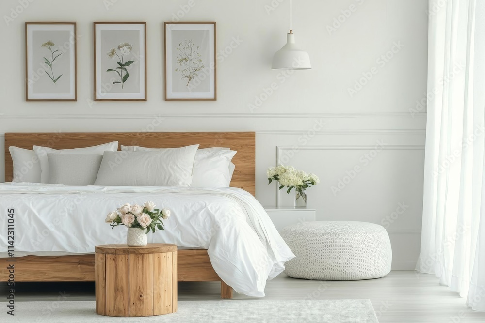Flowers on wooden stool and pouf in white bedroom interior with posters above bed. Real photo , isolated on white background, , copy space, copy space for text, Flowers on wooden stool and pouf in white bedroom interior with posters above bed. Real photo , isolated on white background, , copy space, copy space for text,