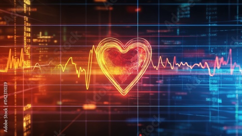 Digital Heartbeat: A vibrant, glowing heart beats with a powerful pulse, its rhythm echoed by a dynamic EKG line, symbolizing life, love, and the interconnectedness of all things.  