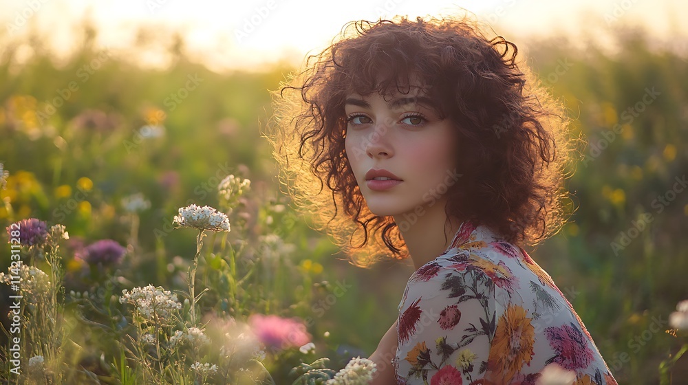 Model woman with curly hair posing in a field of flowers during sunset, peaceful mood