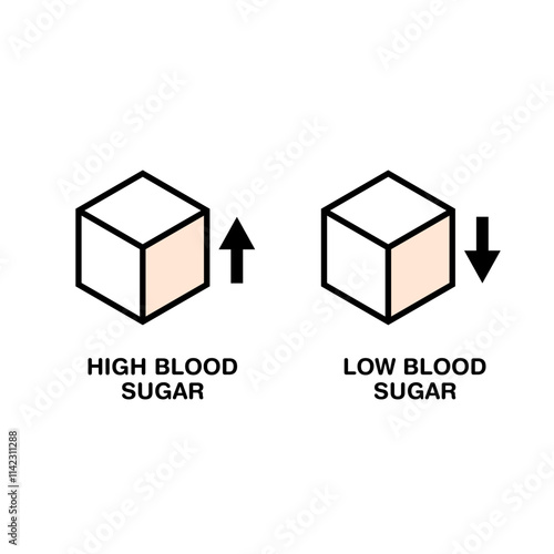 high and low blood sugar icons,sugar levels,sugar cube icon,up and down arrow