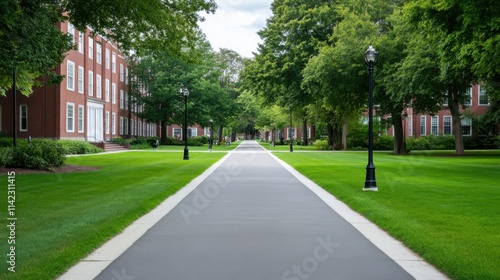 Serene Pathway Through Lush Green College Campus with Red Brick Buildings and Lamp Posts